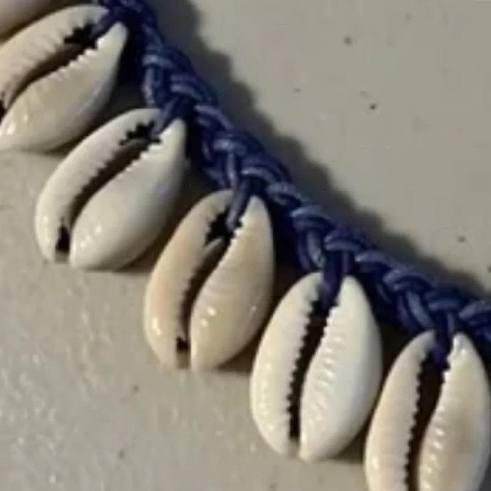 Cowrie Sea Shell Necklace on Blue Braided Cord Silvertone clasp w/ extender NWT